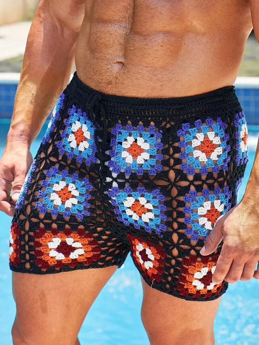NEW Shein Manfinity RSRT Mens Floral Crochet Drawstring Waist Shorts Black Small